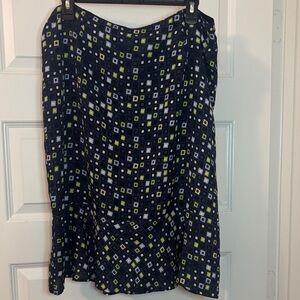 VTG Talbots Navy A-Line Skirt 15 w/White & Lime Green Geometric Print 100% Silk